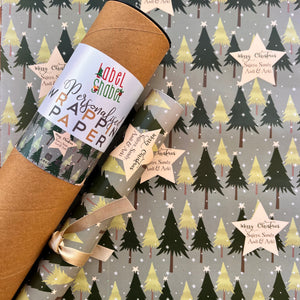 Personalised wrapping paper with shades of green xmas trees