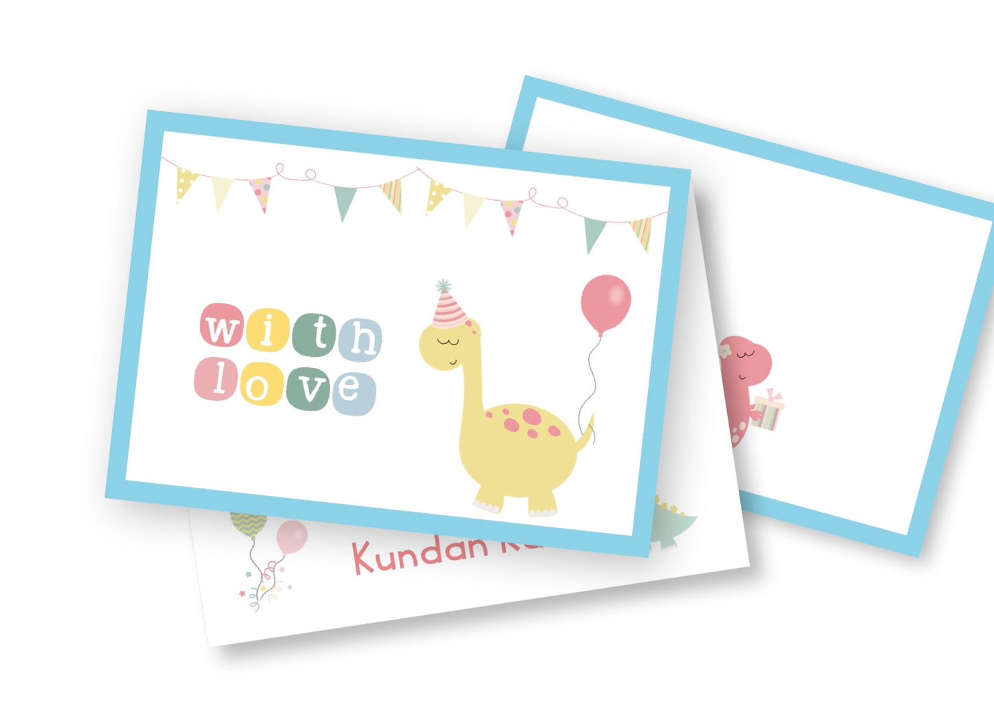 Children's card with a dinosaur and colorful text on a white background