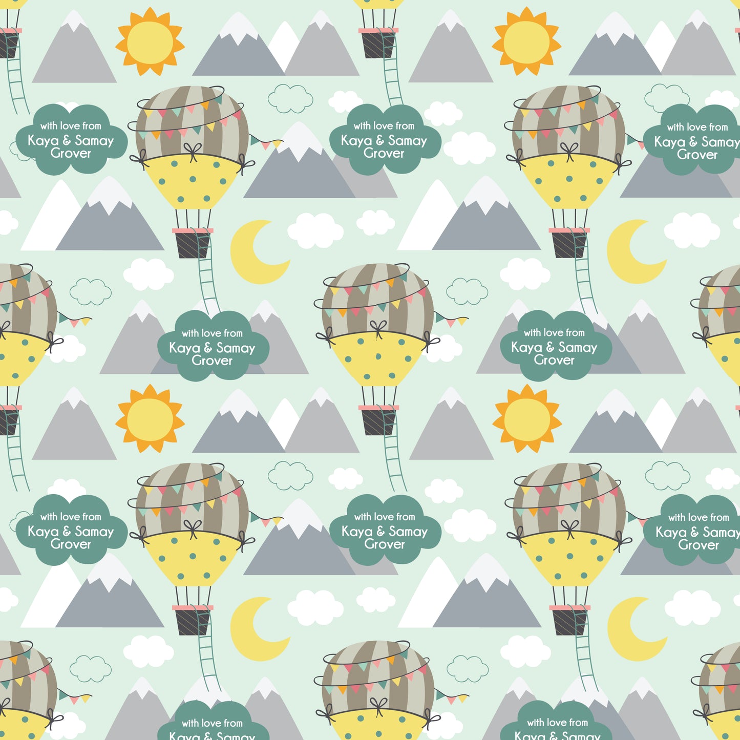 A patterned personalised wrapping paper with an airborne theme, featuring a hot air balloon, mountains, and sun.