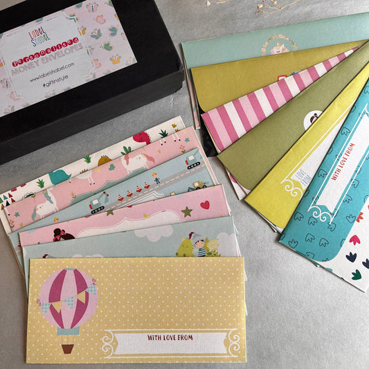 A collection of colorful assorted money envelopes designed for kids, with various patterns such as animals, stripes, and geometric designs, displayed in a box.