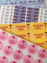 ballerina themed name labels in different shapes and colours