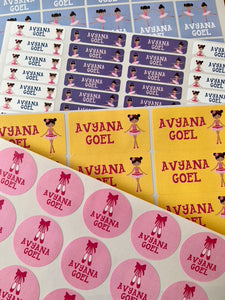 ballerina themed name labels in different shapes and colours