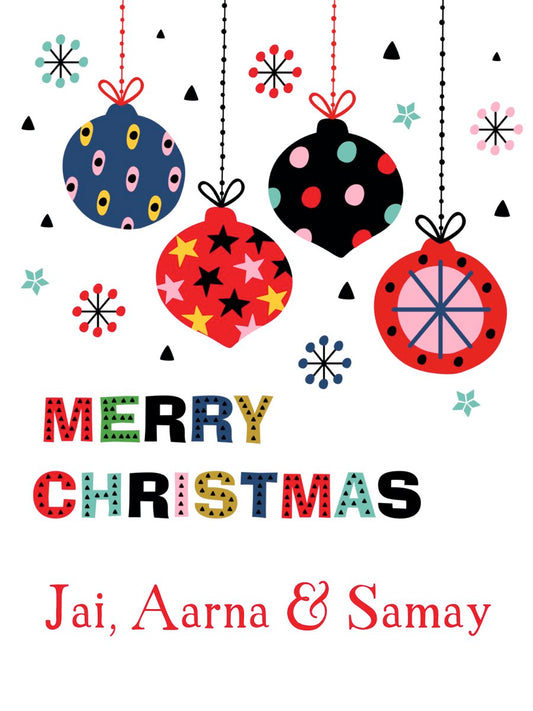 Personalised Christmas gift tags with 'Merry Christmas' text and decorative elements such as snowflakes, ornaments, and gift ribbons.