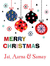 Personalised Christmas gift tags with 'Merry Christmas' text and decorative elements such as snowflakes, ornaments, and gift ribbons.
