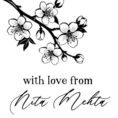 A digital image featuring a black and white design of sakura blossoms on a branch with the text 'with love from Nita Mehta' in a cursive script.