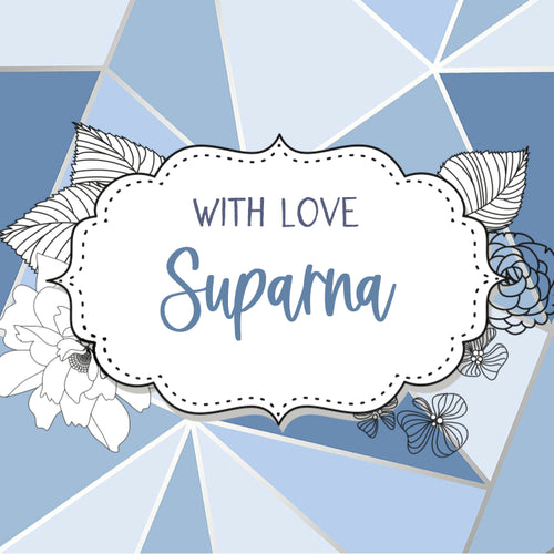 A square gift label with a blue geometric pattern and the name 'Suparna' displayed in a white, decorative frame.