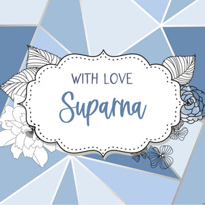 A square gift label with a blue geometric pattern and the name 'Suparna' displayed in a white, decorative frame.