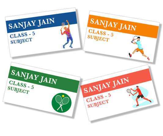a set of 4 book labels with tennis theme with name class and subject