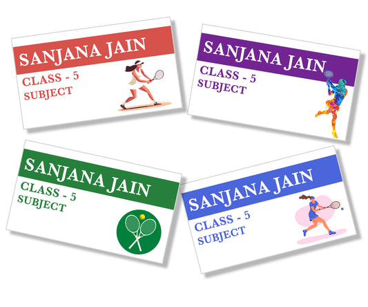 set of 4 book labels with a girl playing tennis theme with name class and sibject