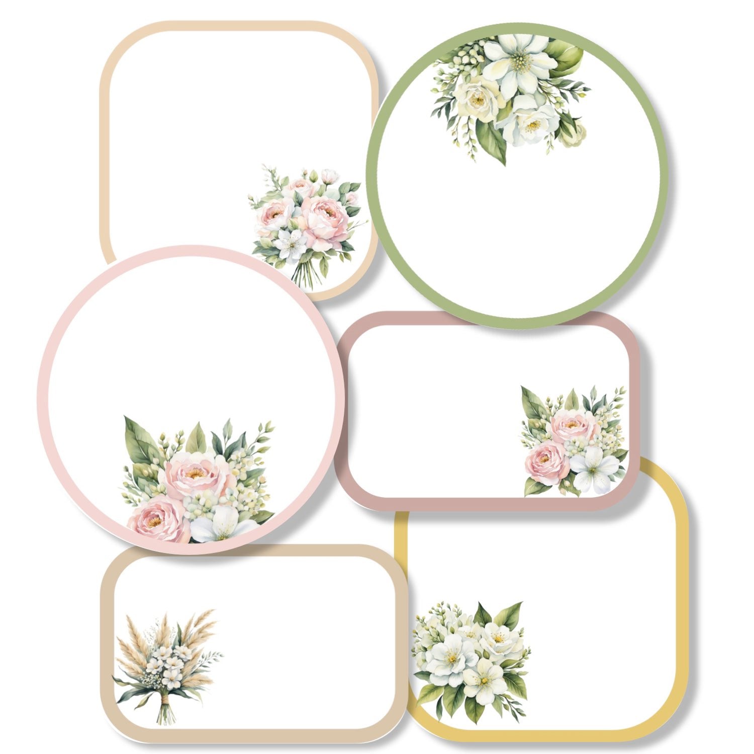 A set of various shaped stickers with floral designs, intended for use as gift labels or for decorating journals and cards.