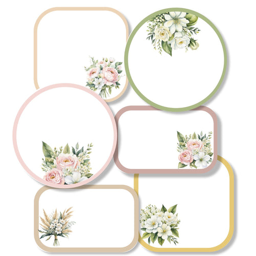 A set of various shaped stickers with floral designs, intended for use as gift labels or for decorating journals and cards.