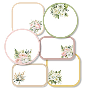 A set of various shaped stickers with floral designs, intended for use as gift labels or for decorating journals and cards.