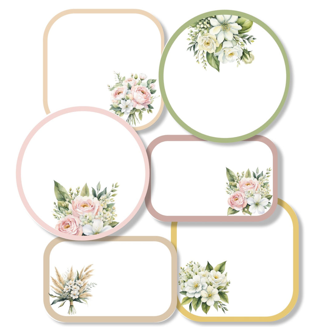 A set of various shaped stickers with floral designs, intended for use as gift labels or for decorating journals and cards.