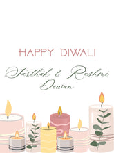 Diwali Greeting card with candles and 'Happy Diwali' text on a white background