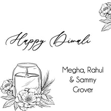 Black and white illustration of a candle with flowers and 'Happy Diwali' text on a white background.