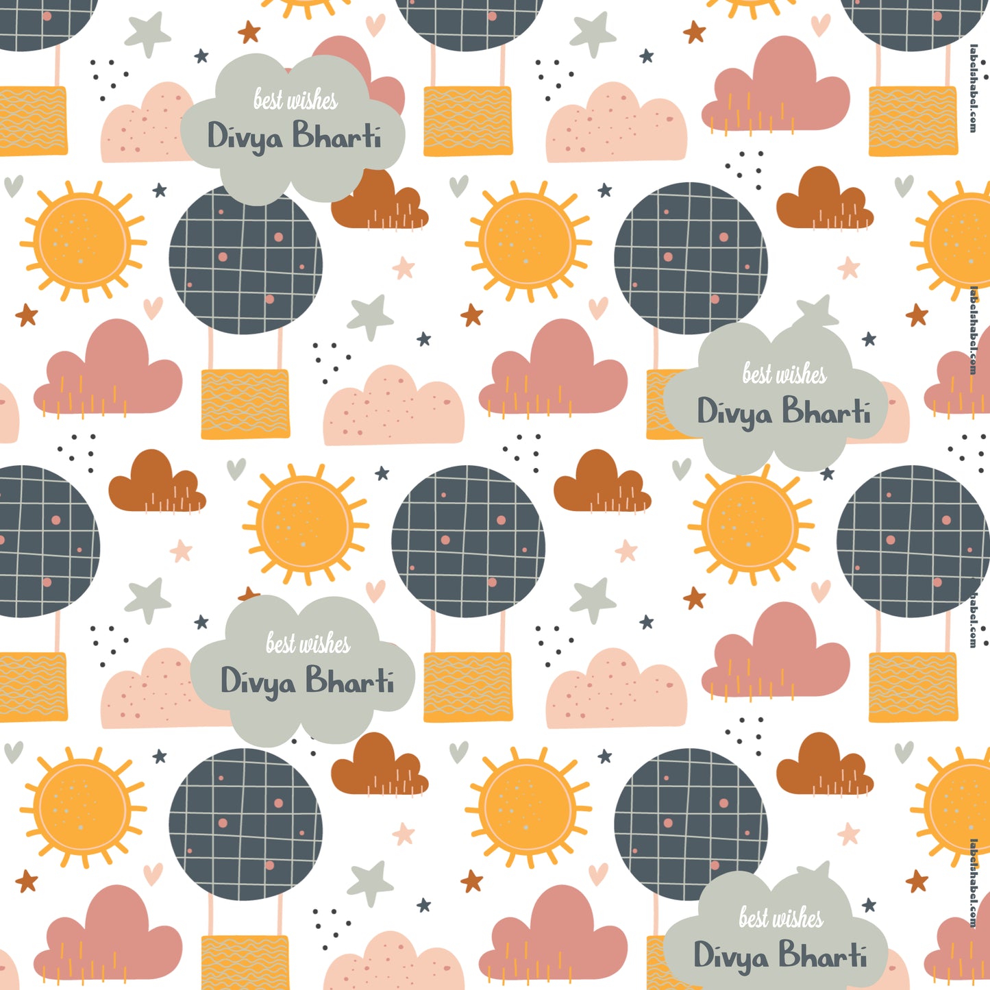 wrapping paper with name and cloud sun air baloon in a cute il;lustraion style print