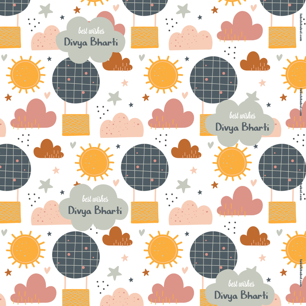 wrapping paper with name and cloud sun air baloon in a cute il;lustraion style print