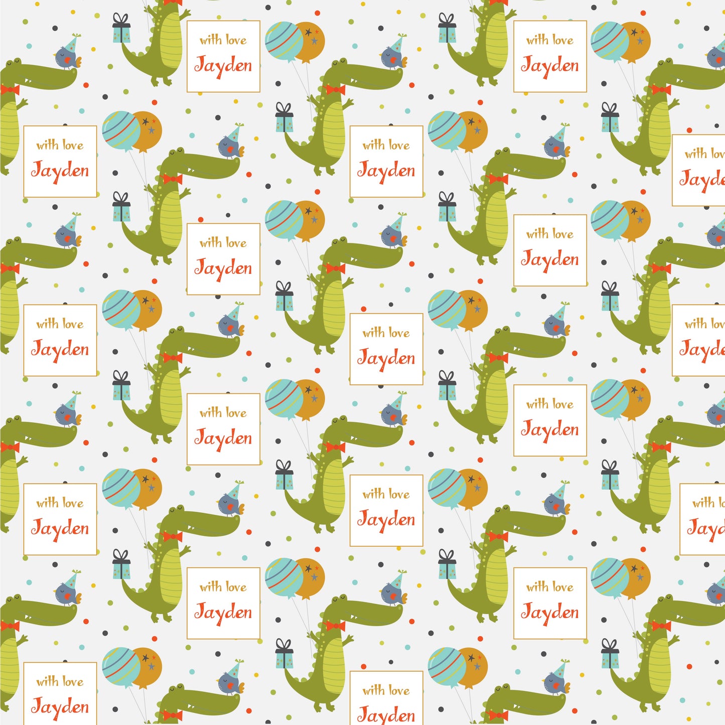 Personalised wrapping paper with a pattern of green crocodiles, blue and pink birds, and personalized text labels.