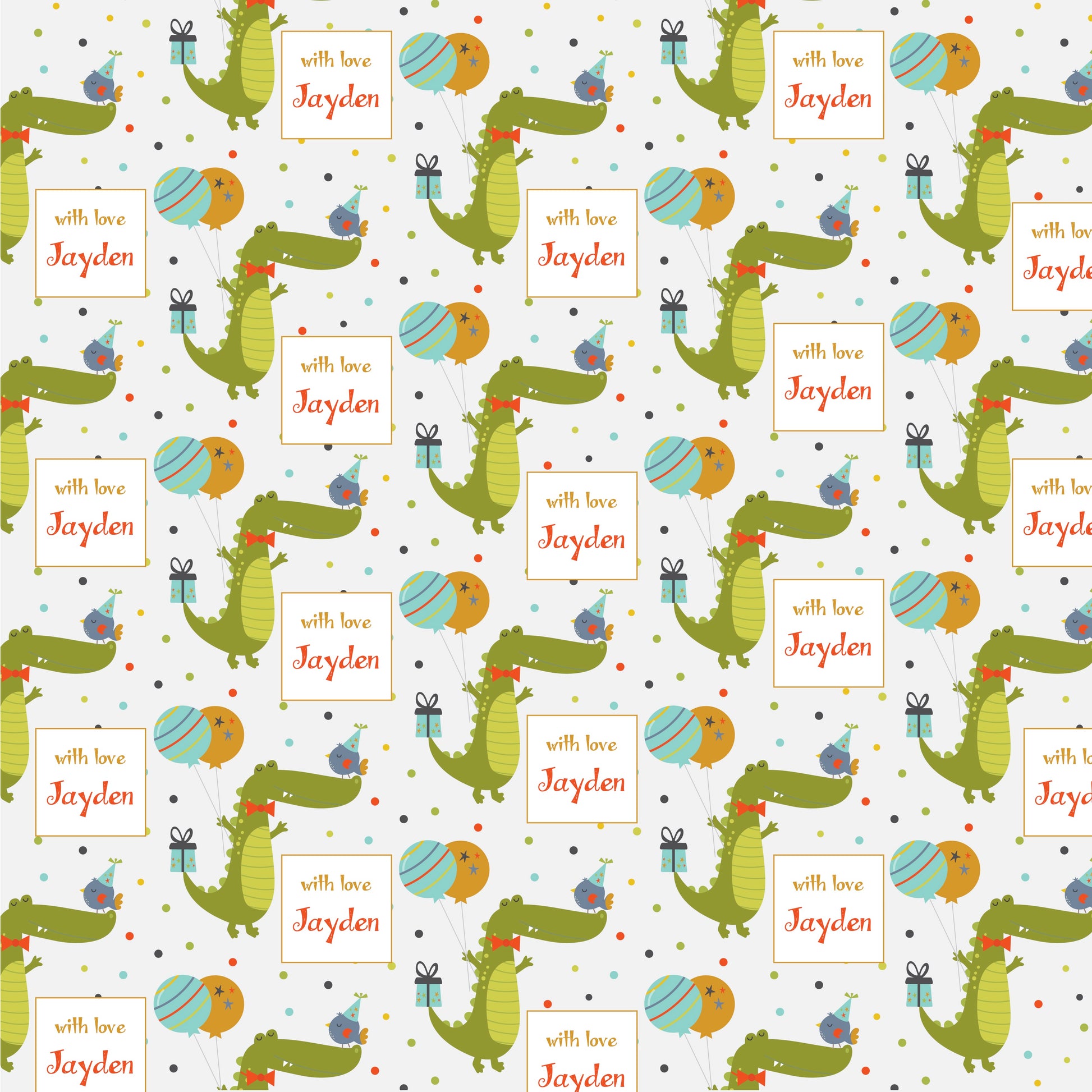 Personalised wrapping paper with a pattern of green crocodiles, blue and pink birds, and personalized text labels.