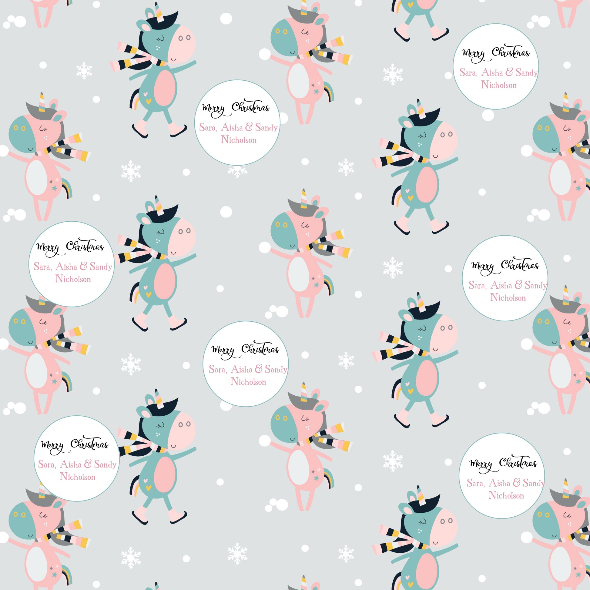 dancing unicorns on a grey backgorund with a few snow flakes