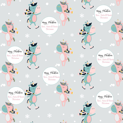 dancing unicorns on a grey backgorund with a few snow flakes