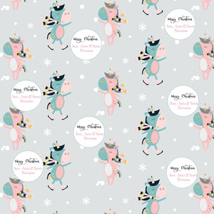 dancing unicorns on a grey backgorund with a few snow flakes