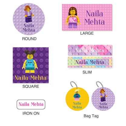 Various labels with lego characters  in different colors and shapes, including round, square, and slim labels, intended for personalizing clothes and school materials.