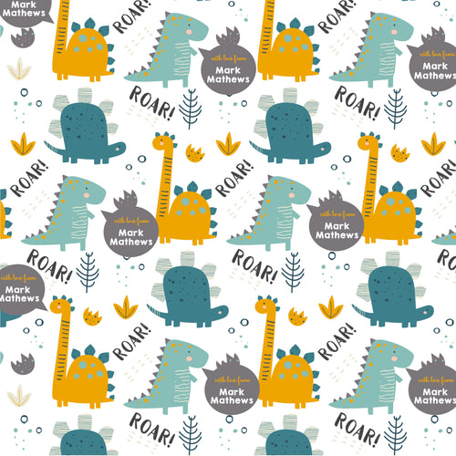 A patterned wrapping paper with the word 'ROAR' and various cartoon dinosaurs roaring in different colors on a white background.