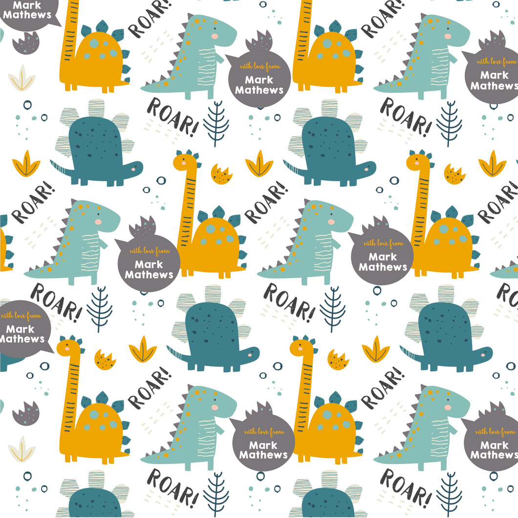 A patterned wrapping paper with the word 'ROAR' and various cartoon dinosaurs roaring in different colors on a white background.