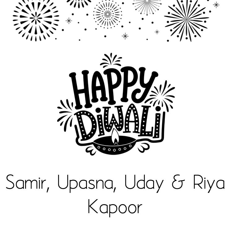 Happy Diwali greeting with fireworks and personalized names on a white background