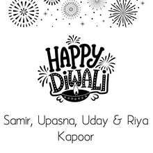 Happy Diwali greeting with fireworks and personalized names on a white background