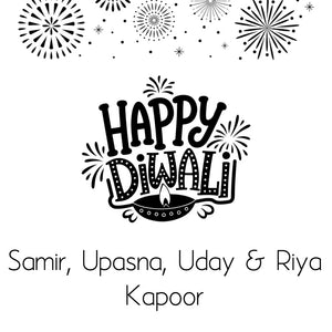 Happy Diwali greeting with fireworks and personalized names on a white background