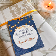 BLUE BACKGROUND with white circle and a string of ights ribbon gift tag