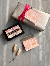 folded gift tags pink stripes with dreamcatcher design with name personalised inside on silver blue background 