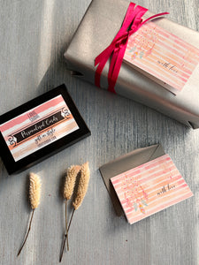 folded gift tags pink stripes with dreamcatcher design with name personalised inside on silver blue background 