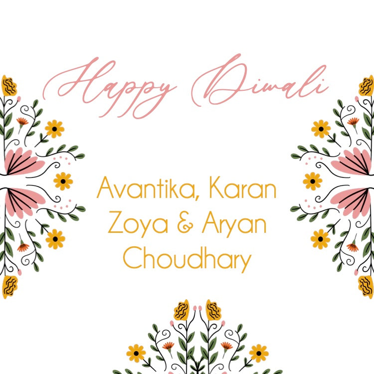 Happy Diwali greeting card with floral designs and names on a white background