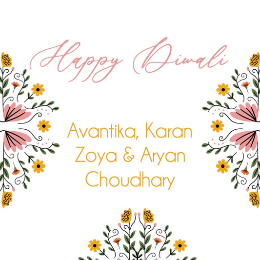 Happy Diwali greeting card with floral designs and names on a white background