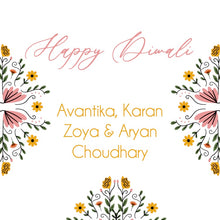 Happy Diwali greeting card with floral designs and names on a white background