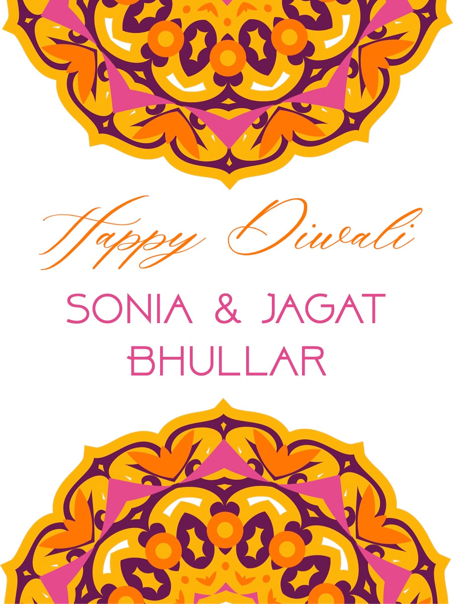 Happy Diwali card with decorative mandalas and personalized names on a white background