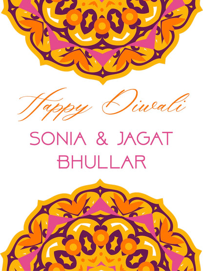 Happy Diwali card with decorative mandalas and personalized names on a white background