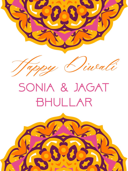 Happy Diwali card with decorative mandalas and personalized names on a white background