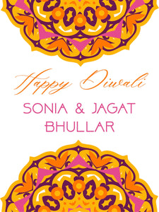 Happy Diwali card with decorative mandalas and personalized names on a white background