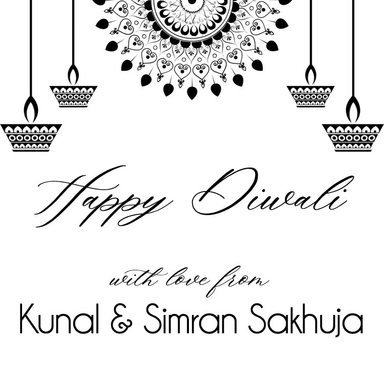 Happy Diwali message with decorative elements and personalized name on a white background