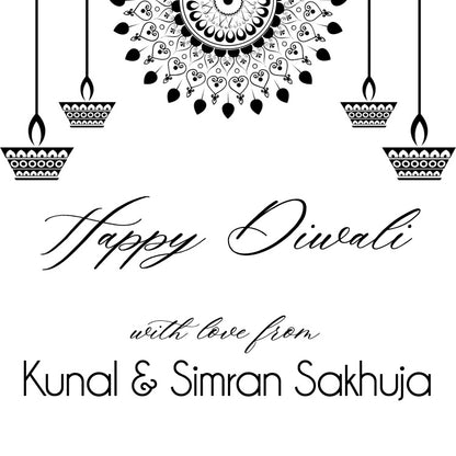 Happy Diwali message with decorative elements and personalized name on a white background