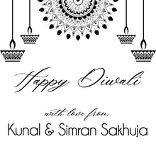 Happy Diwali message with decorative elements and personalized name on a white background
