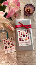 Diwali wishes gift tag with a ribbon white background with assorted diwali festival related motifs