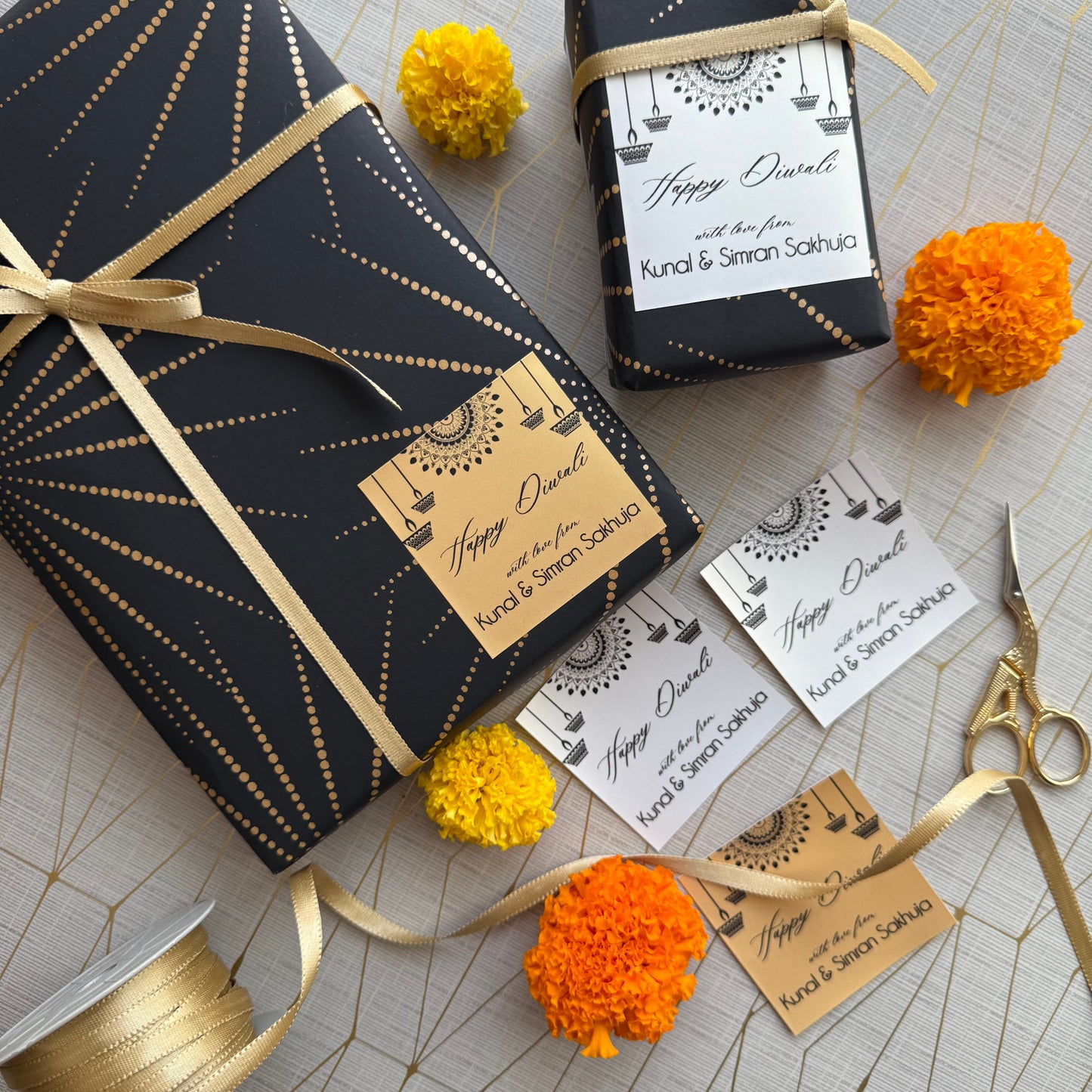 Beautiful black gold gift wrapping with diwali gift labels