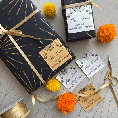 Beautiful black gold gift wrapping with diwali gift labels