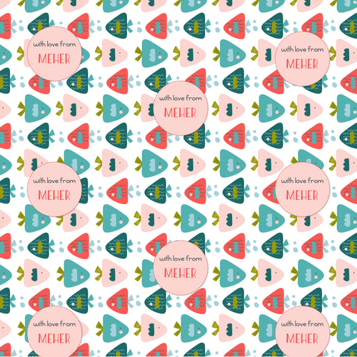 A patterned personalised wrapping paper with a variety of fish shapes in pink, blue, and green colors, and text that reads 'With love from MEHR'.