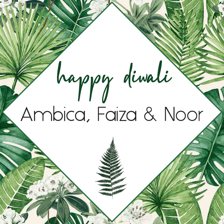Green leafy background with diwali wishes in white text box